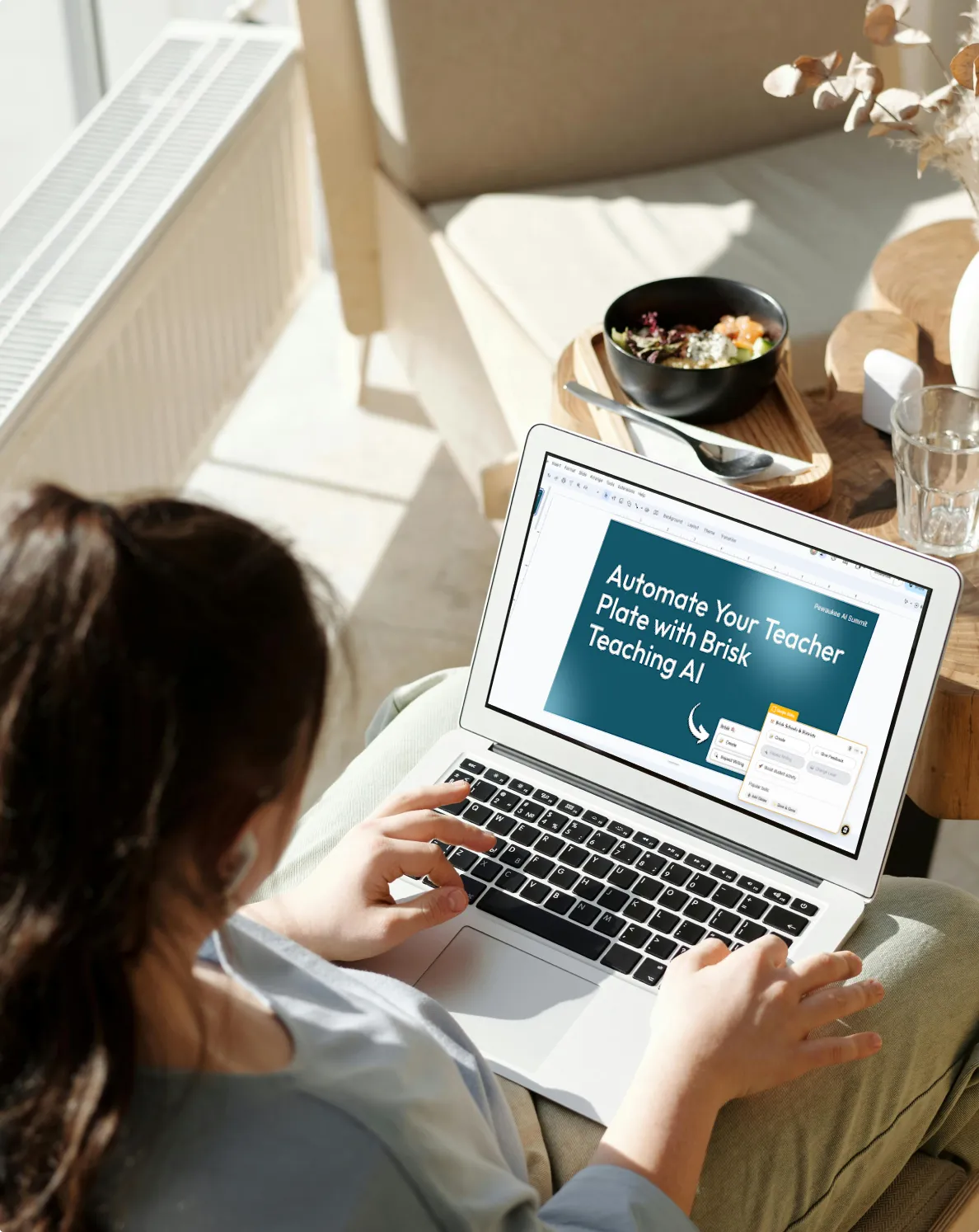 A woman is using a laptop with the words "Automate your private teaching with Brick AI" on the screen. - Brisk Teaching Images